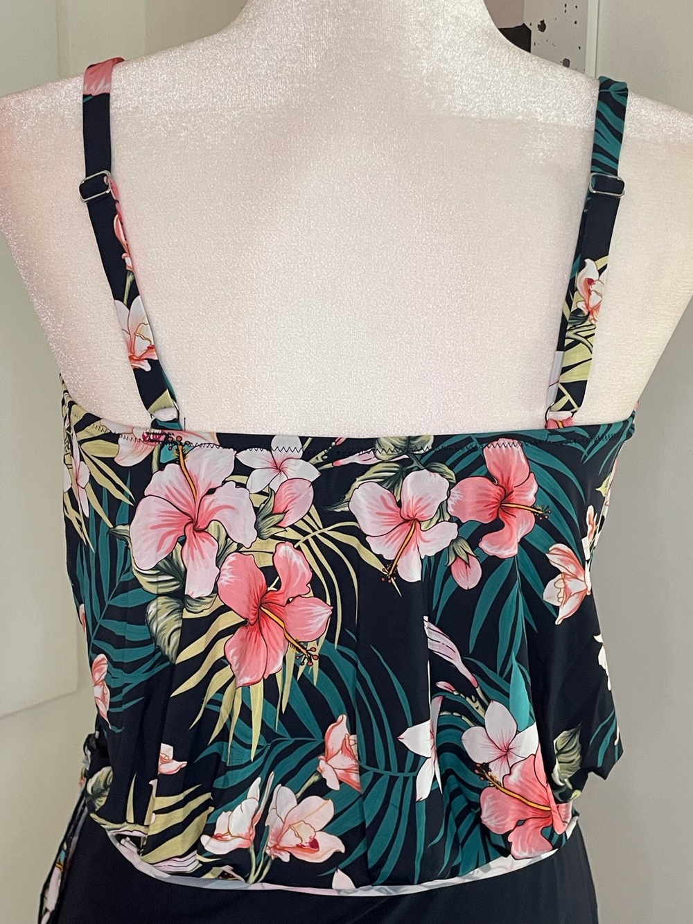 Lunabelle Swimsuit Blouson Top & Side Tie Navy Blue with Tropical Flowers Size L - Picture 5 of 14